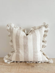 Hallie Ruffled Linen Cushion Cover, Beige & Cream Wide Stripe