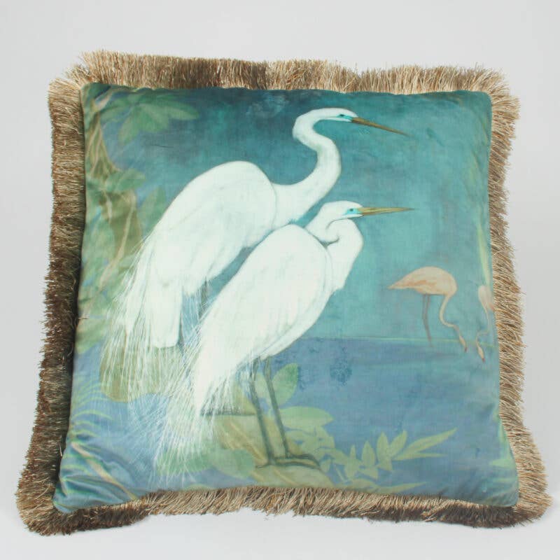 Velvet Storks Design Cushion Cover with Gold Frill
