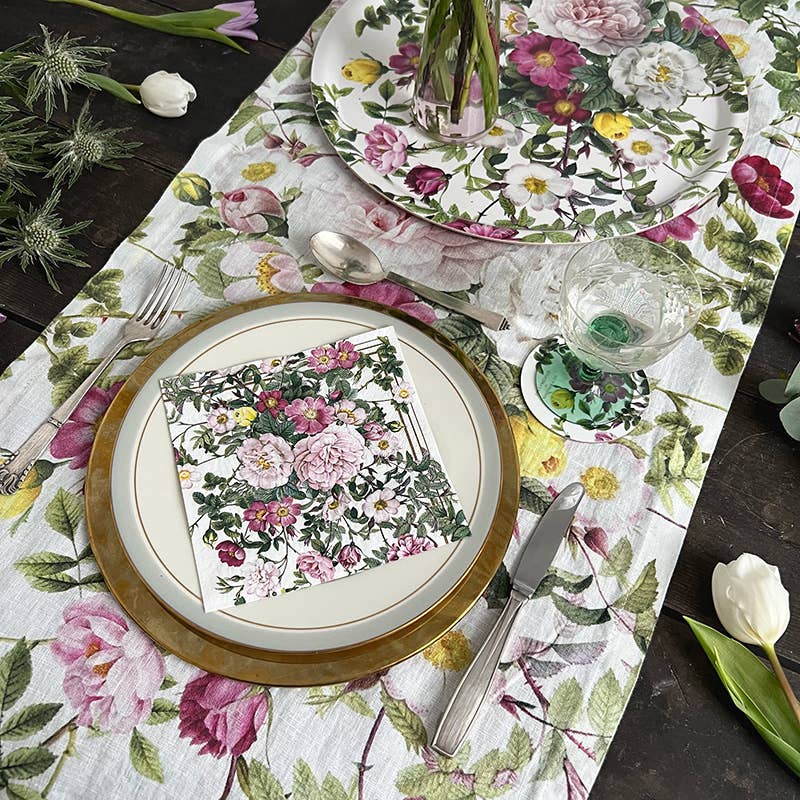 Rose Flower Garden Table runner in linen- made in Europe